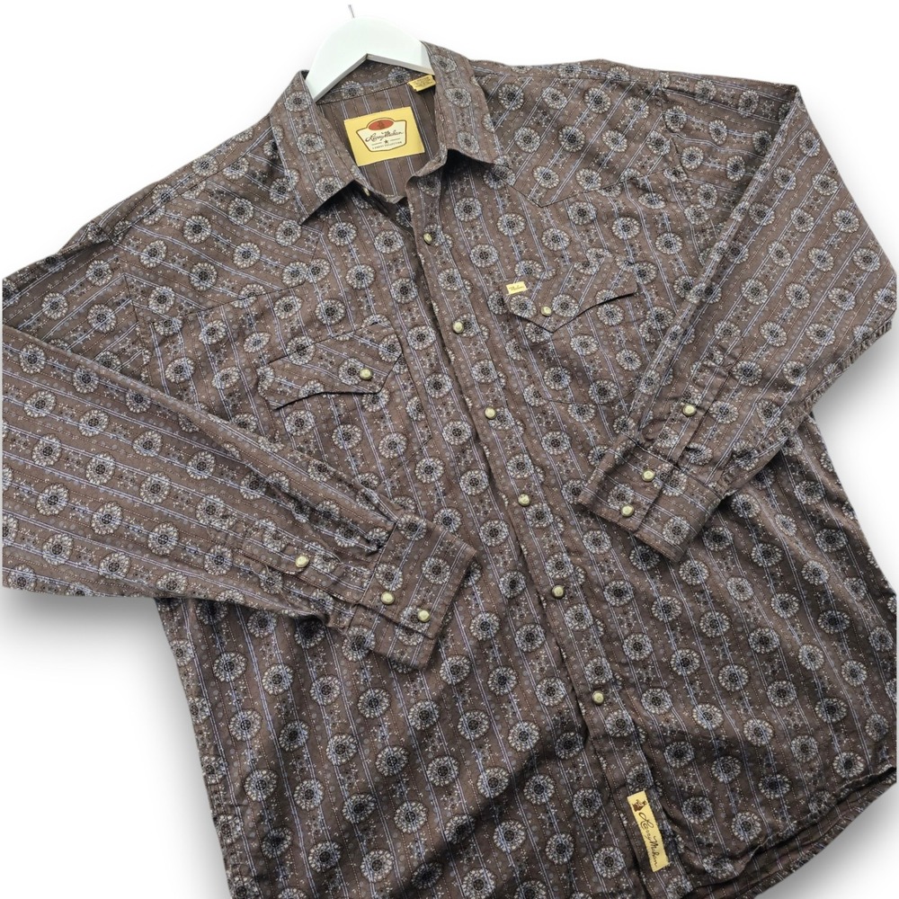 Larry Mahan Mens XXL Western Shirt Brown Pearl Snap Floral Stripe Cotton L/S